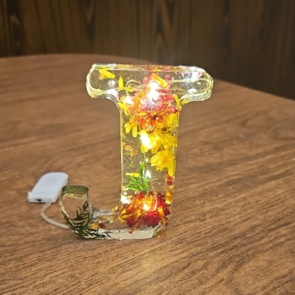 NIB Illuminated clear Floral Resin Letter J night light with pressed flowers